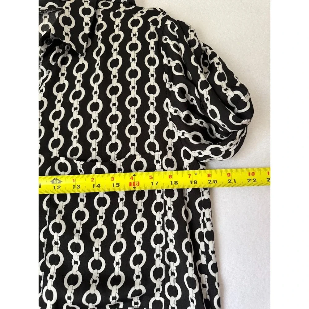 Zara Blouse Women Medium Black Chain Print Button Down Long Sleeve Casual Pocket